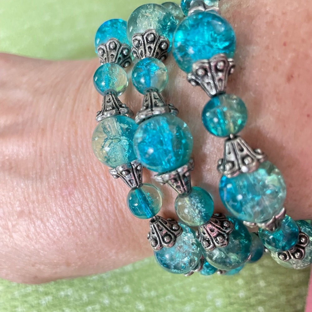 Teal Crackle Glass Beaded Wrap Bracelet - Women Jewelry